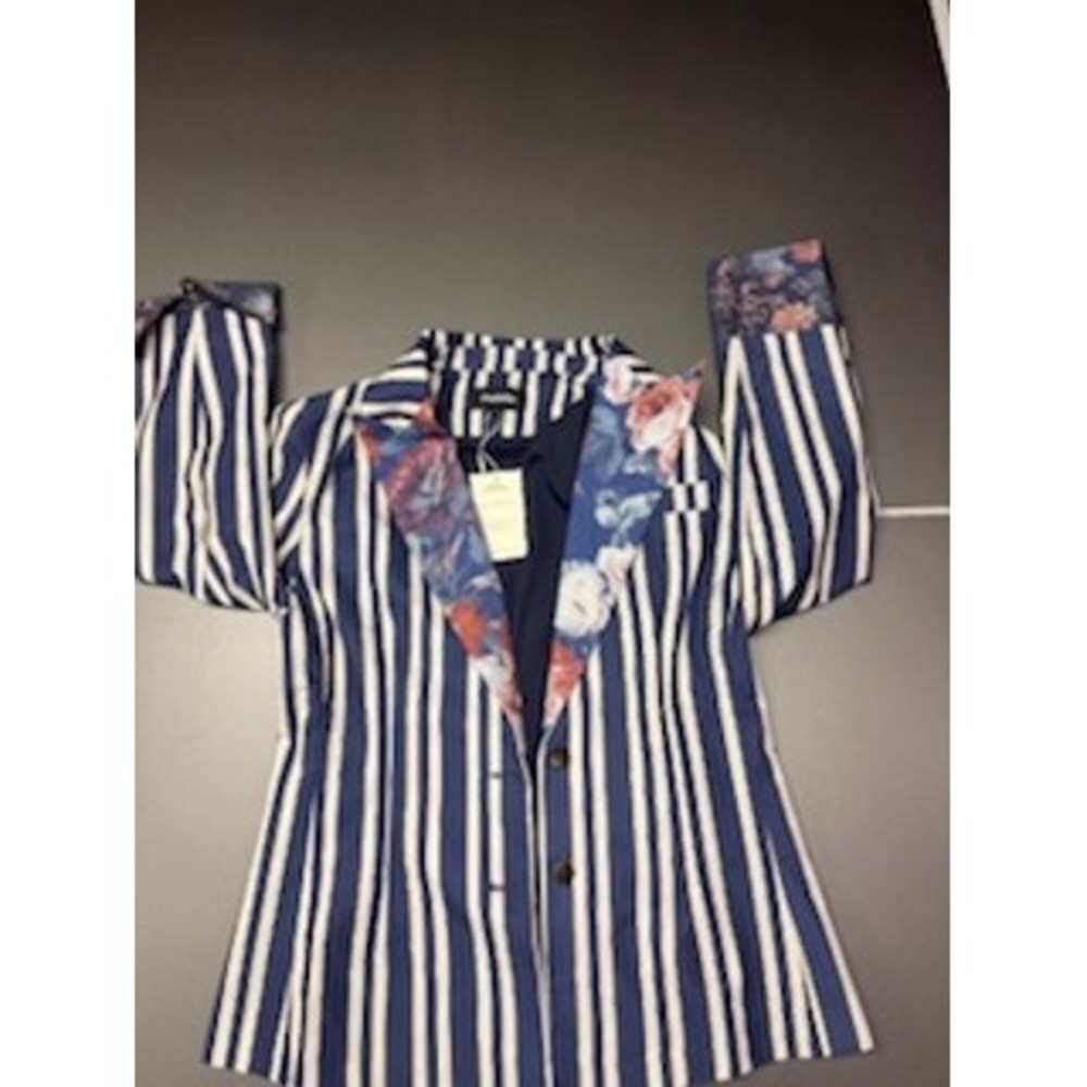 Futario Blue White Striped Floral Lapel Blazer Jacket Large NWT